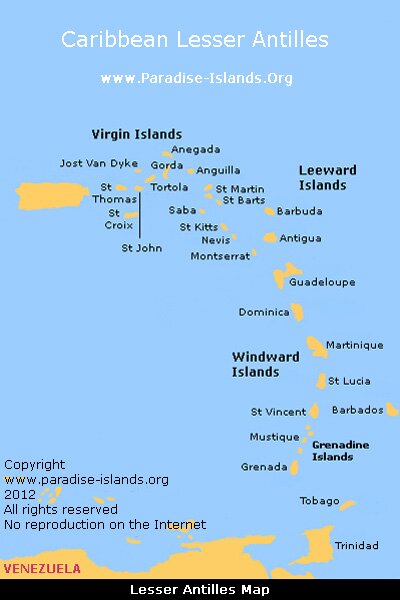 How many countries and dependencies are in the lesser antilles Caribbean Lesser Antilles Map